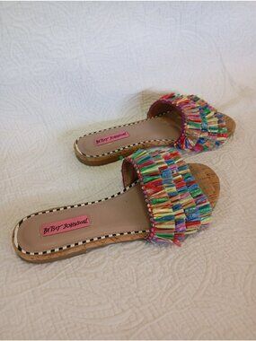 Betsey Johnson Multicolor Raffia Fringe Cork Slide Sandals Size 6.5 Womens
